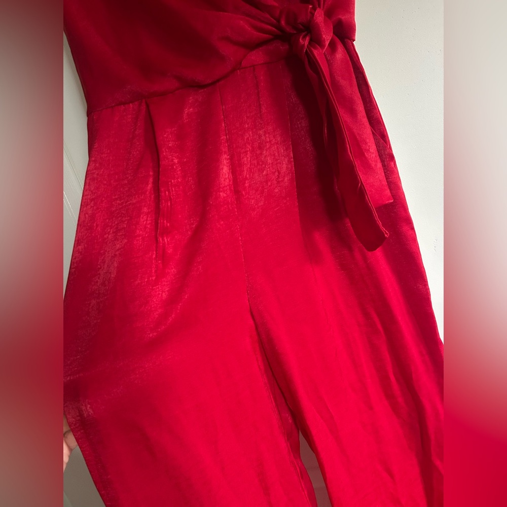 Lulu’s Red Satin Wrap Jumpsuit - Picture 3 of 5